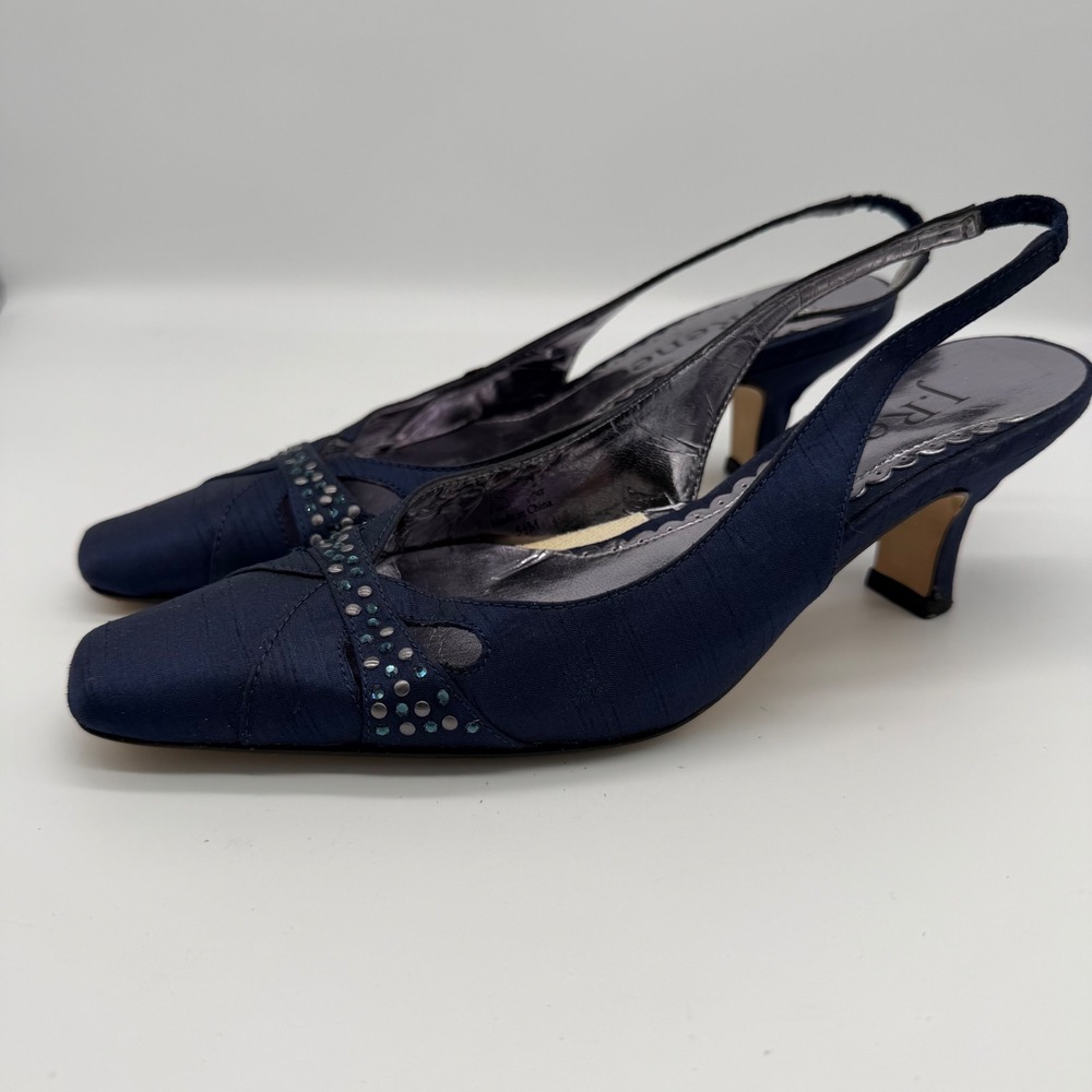 J. Renee Navy Blue Fabric Rhinestone Slingback Kitten Heels‎ Size 5.5M